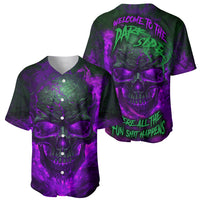 Purple horror skull baseball jersey set view, front and back, button front, neon skull graphics