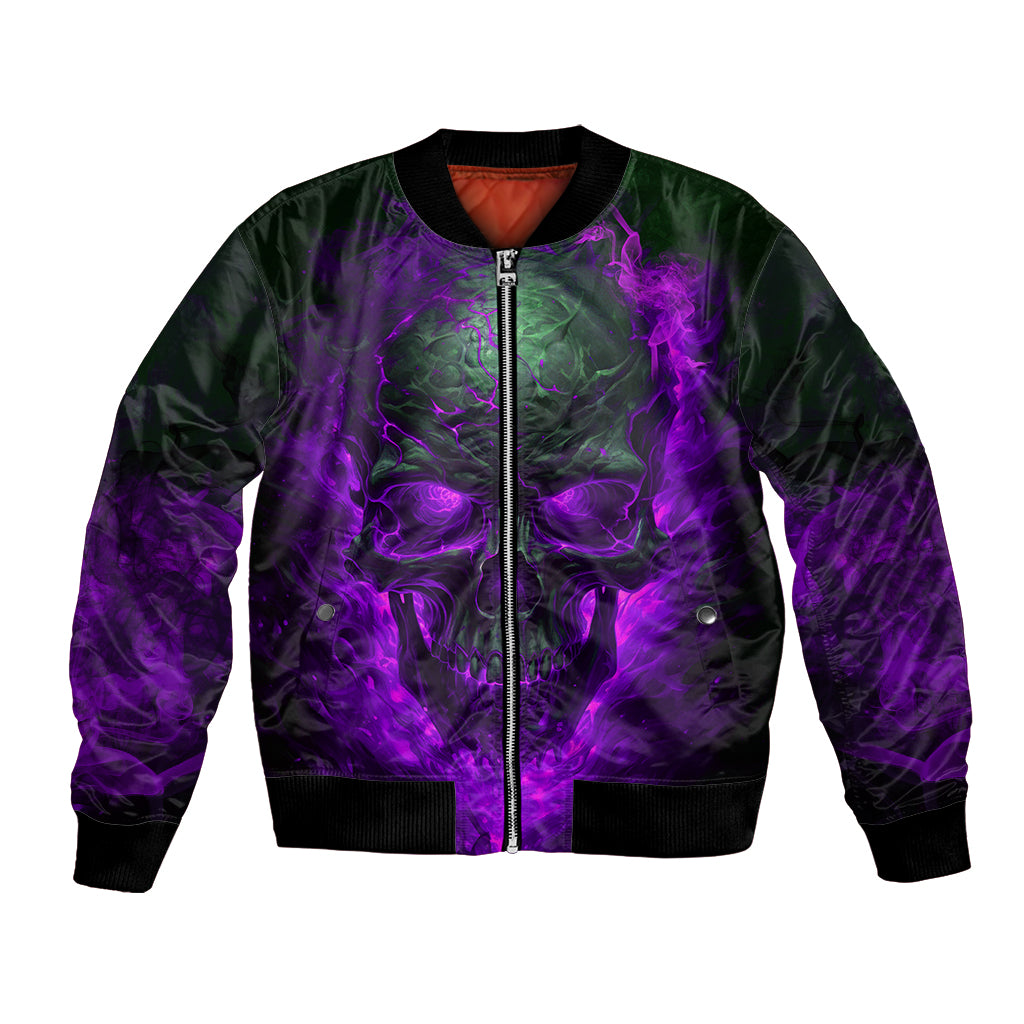 Unisex bomber jacket with front zipper and purple skull graphic, black ribbed cuffs