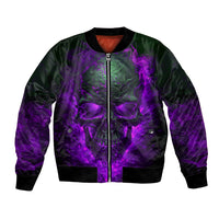 Unisex bomber jacket with front zipper and purple skull graphic, black ribbed cuffs