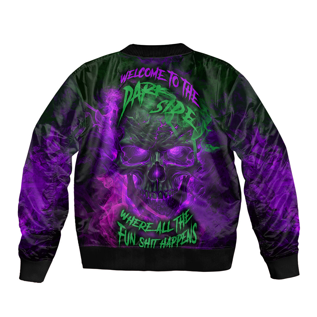 Unisex bomber jacket with purple skull graphic on back, ribbed black cuffs and hem