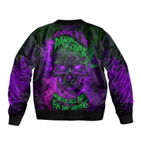 Unisex bomber jacket with purple skull graphic on back, ribbed black cuffs and hem