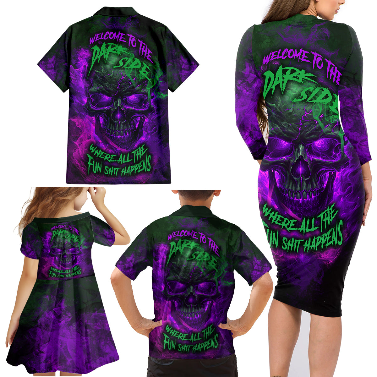 Horor Skull Family Matching Long Sleeve Bodycon Dress and Hawaiian Shirt Welcome to the Dark side - Wonder Print Shop