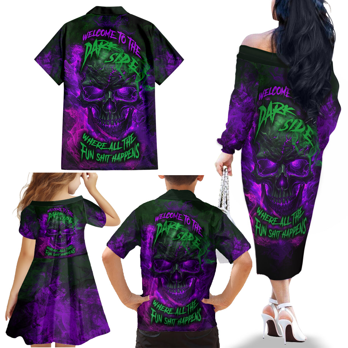 Horor Skull Family Matching Off Shoulder Long Sleeve Dress and Hawaiian Shirt Welcome to the Dark side - Wonder Print Shop