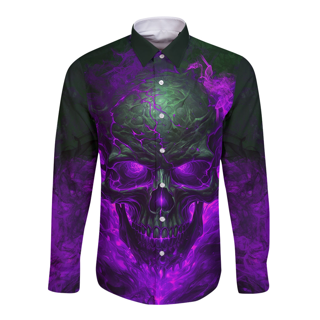 Unisex purple long-sleeve button-up shirt with skull front graphic