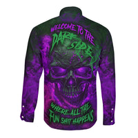 Unisex purple long-sleeve button-up shirt with large skull back graphic
