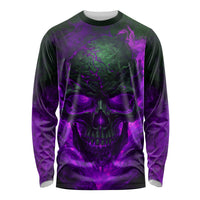 Unisex long-sleeve skull graphic shirt, dark base with purple front skull design