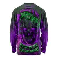 Unisex long-sleeve skull graphic shirt, dark base with purple back print