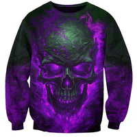 Purple crewneck sweatshirt with neon green and purple skull face graphic, long sleeves