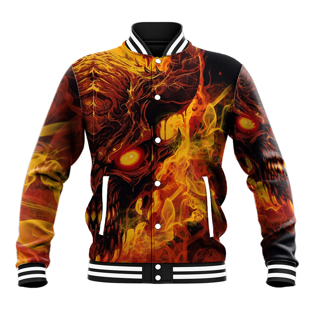 Unisex fire skull baseball jacket front, orange-yellow flame print, snap buttons, striped rib cuffs.