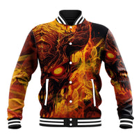 Unisex fire skull baseball jacket front, orange-yellow flame print, snap buttons, striped rib cuffs.
