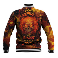 Unisex baseball jacket with fire-skull graphic, flame yellow/orange back, striped rib collar.