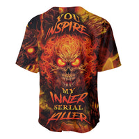 Back of fiery skull graphic baseball jersey with bold text