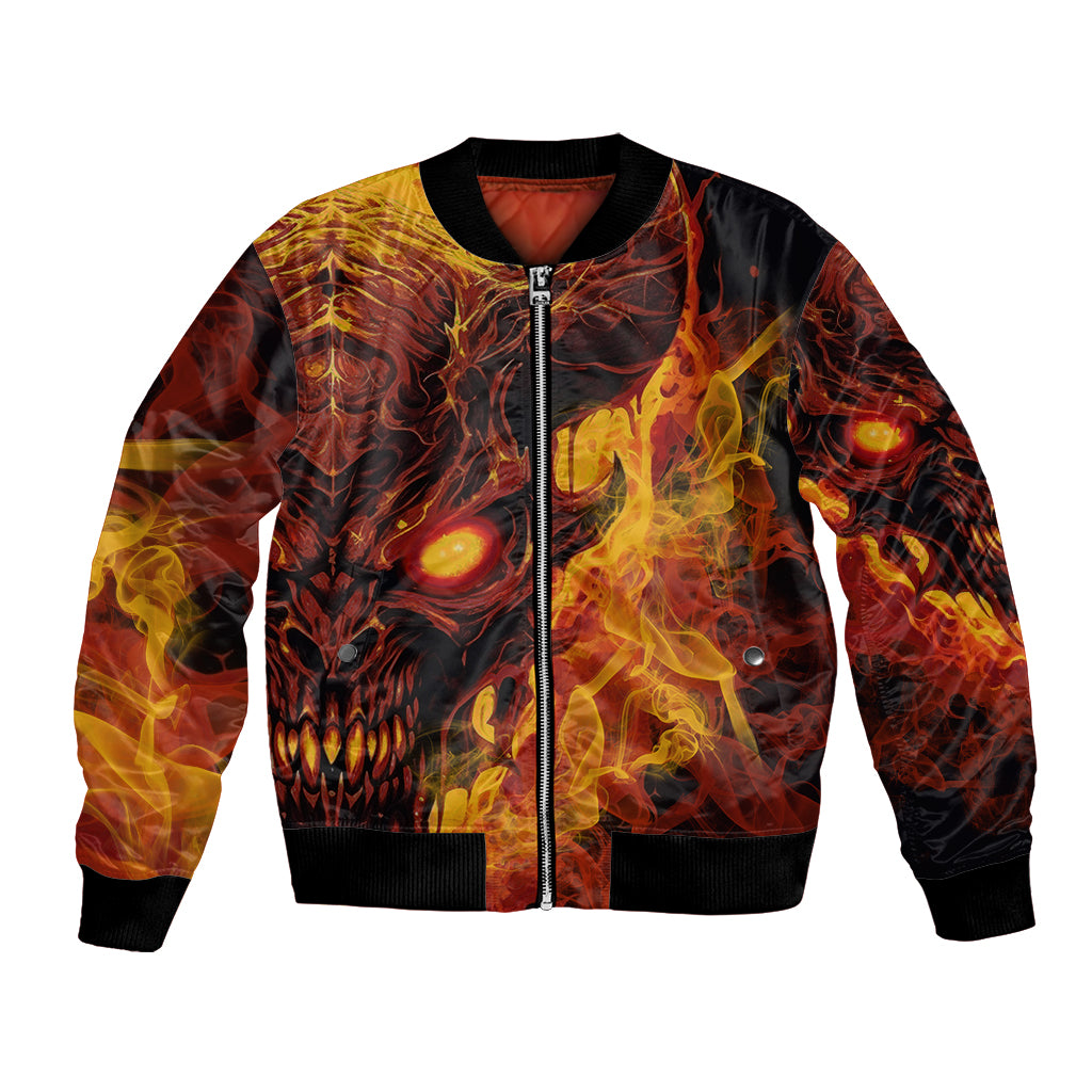 Fiery skull bomber jacket with front zipper, ribbed hem, black and fire-yellow flames