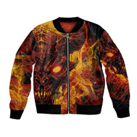 Fiery skull bomber jacket with front zipper, ribbed hem, black and fire-yellow flames