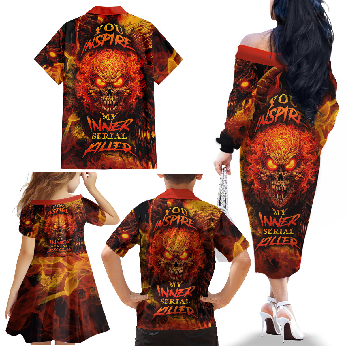 Fire Skull Family Matching Off Shoulder Long Sleeve Dress and Hawaiian Shirt You inspire my Inner serial Killed - Wonder Print Shop