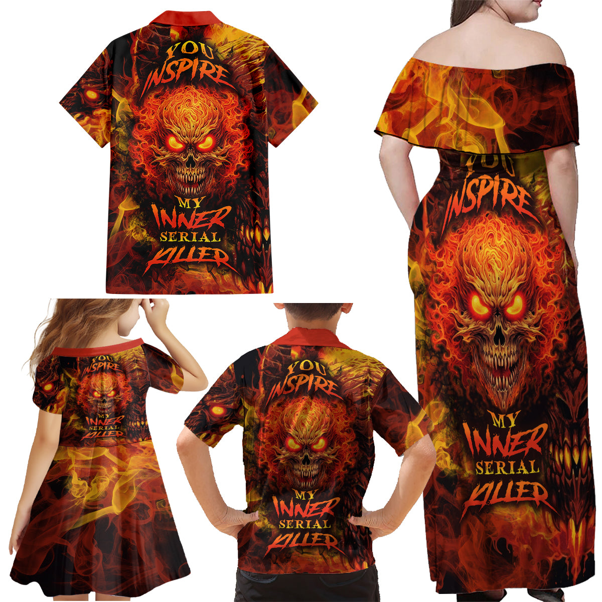 Fire Skull Family Matching Off Shoulder Maxi Dress and Hawaiian Shirt You inspire my Inner serial Killed - Wonder Print Shop