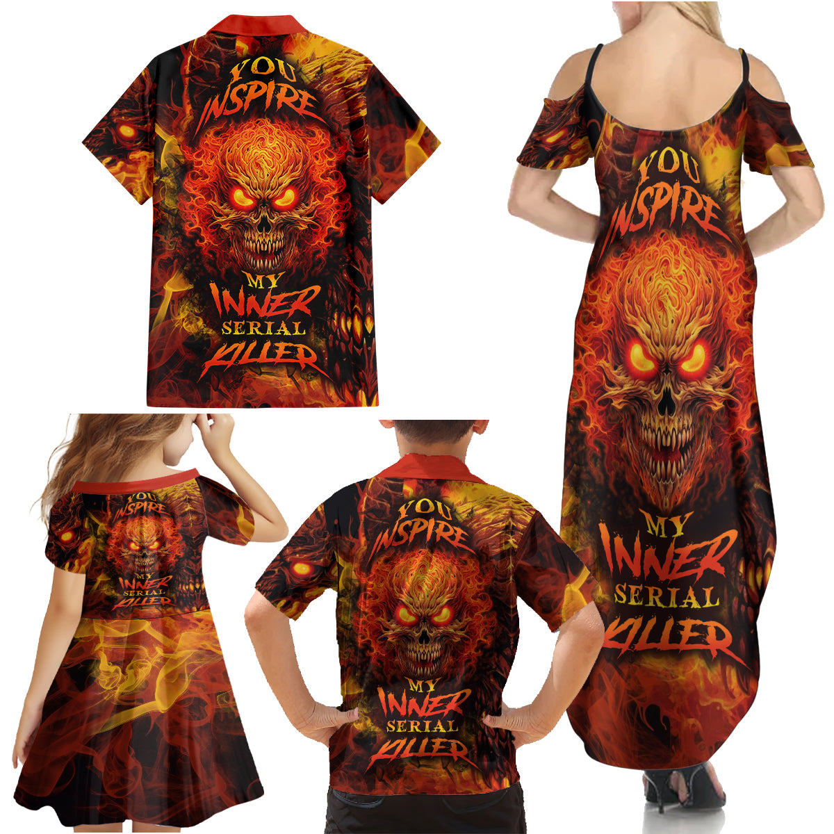 Fire Skull Family Matching Summer Maxi Dress and Hawaiian Shirt You inspire my Inner serial Killed - Wonder Print Shop