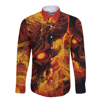 Long sleeve button shirt with fiery skull front graphic, yellow-orange flames on dark