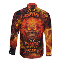 Long sleeve button shirt with fiery skull back print, flame orange/red, dark base