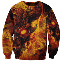 Unisex flame skull sweatshirt with fiery orange-yellow eyes and swirling flames