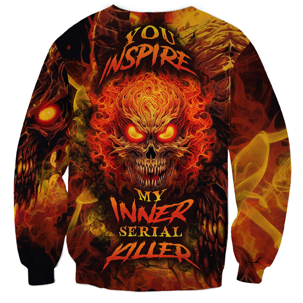 Unisex fire skull graphic sweatshirt, orange-yellow flames on dark background