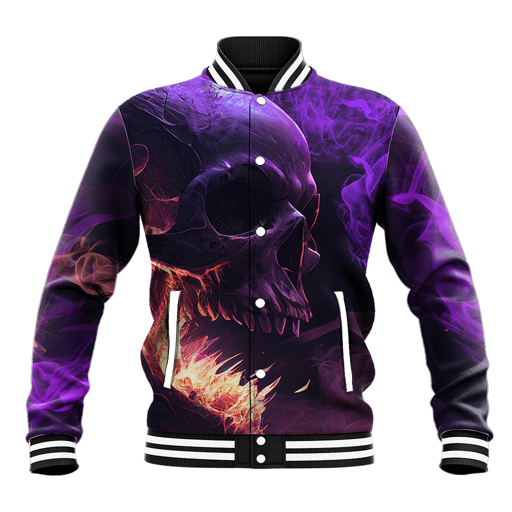 Purple baseball jacket with fire skull front graphic and snap buttons, striped ribbed cuffs