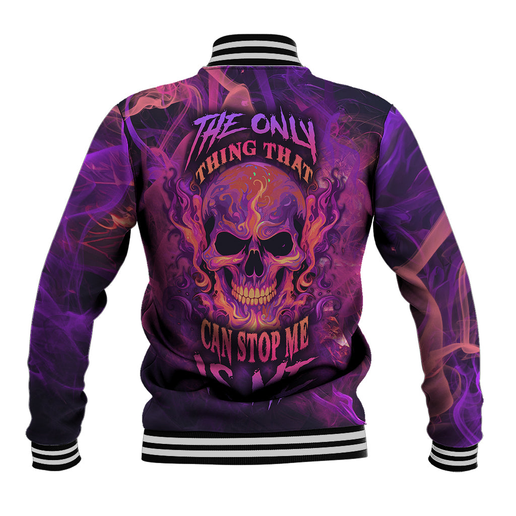 Purple baseball jacket with fire skull back graphic, striped ribbed collar and cuffs