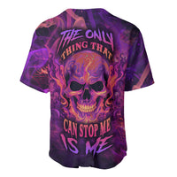 Purple fire skull baseball jersey with V-neck button front, bold front graphic