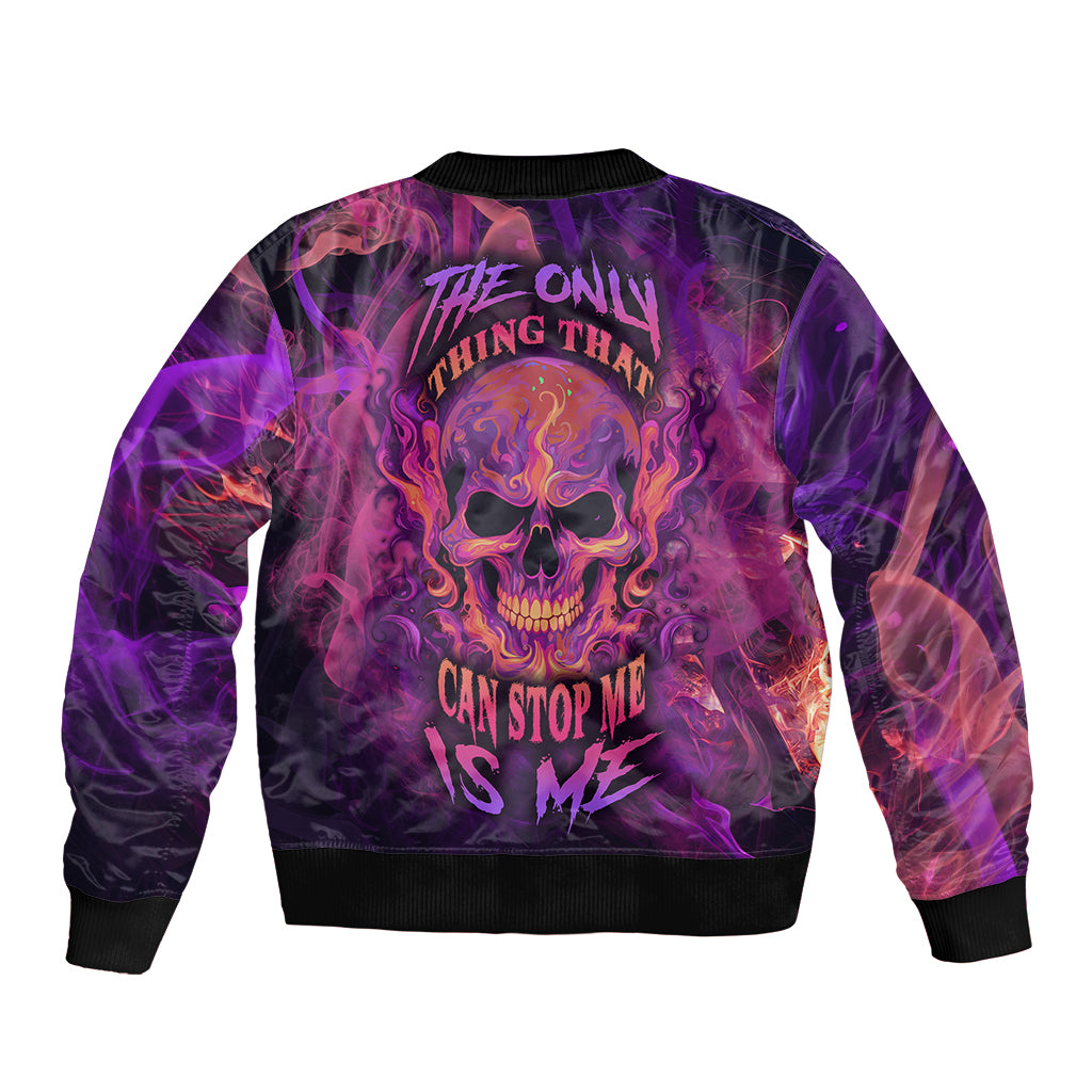 Purple unisex bomber jacket with fire skull graphic and ribbed cuffs, full zip