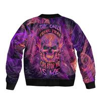Purple unisex bomber jacket with fire skull graphic and ribbed cuffs, full zip