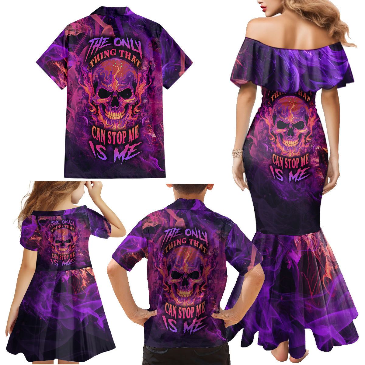 Fire Skull Family Matching Mermaid Dress and Hawaiian Shirt The Only Thing That Can Stop Me Is Me - Wonder Print Shop