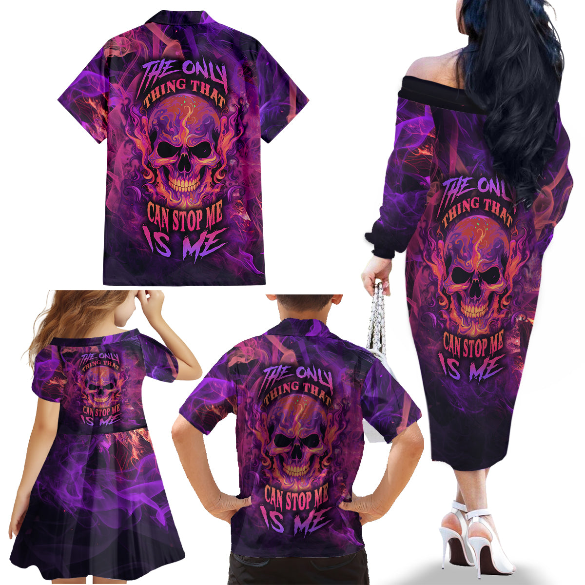 Fire Skull Family Matching Off Shoulder Long Sleeve Dress and Hawaiian Shirt The Only Thing That Can Stop Me Is Me - Wonder Print Shop