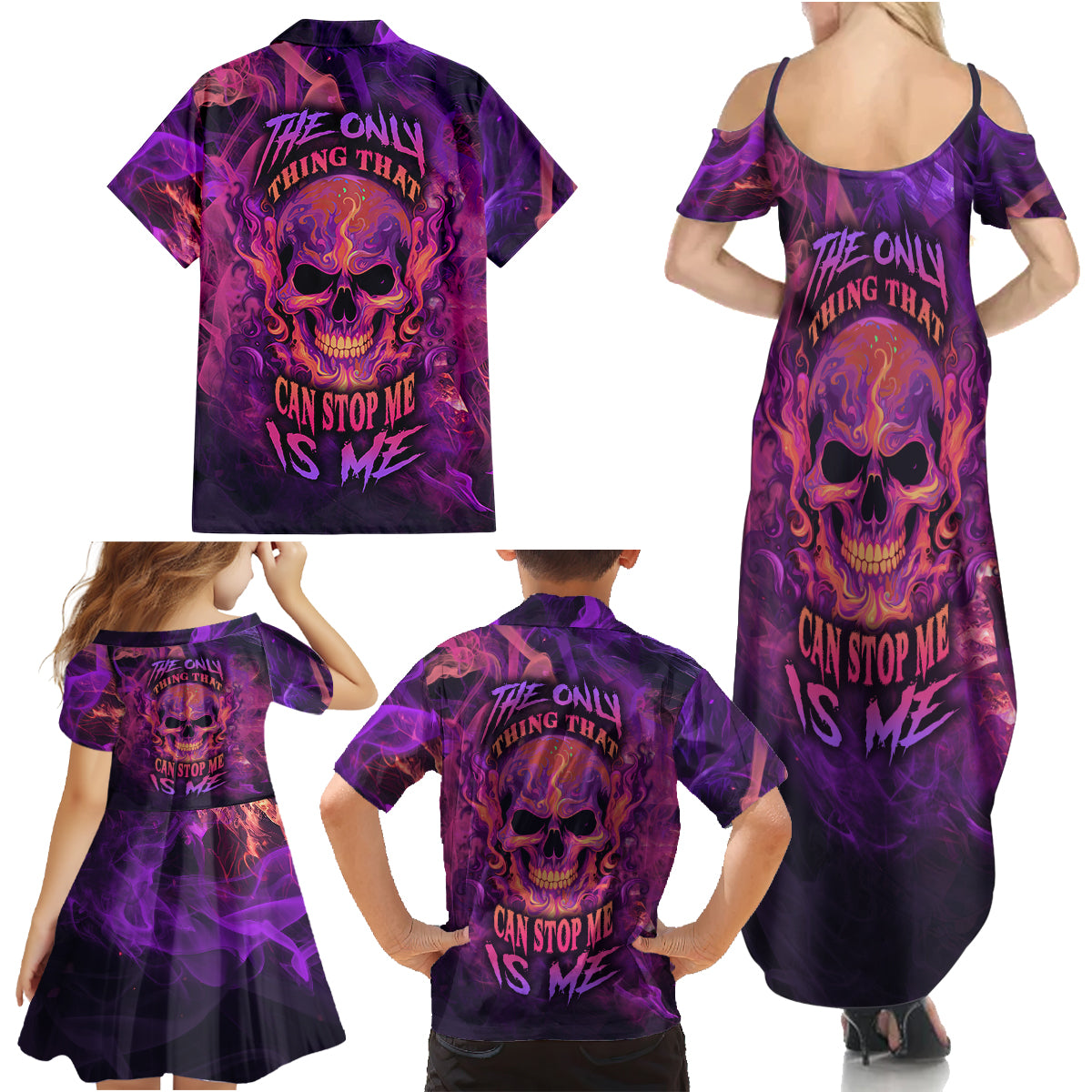 Fire Skull Family Matching Summer Maxi Dress and Hawaiian Shirt The Only Thing That Can Stop Me Is Me - Wonder Print Shop