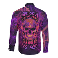 Purple long-sleeve button shirt with flaming skull back graphic