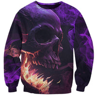 Purple unisex sweatshirt with large skull face and flames, long sleeves
