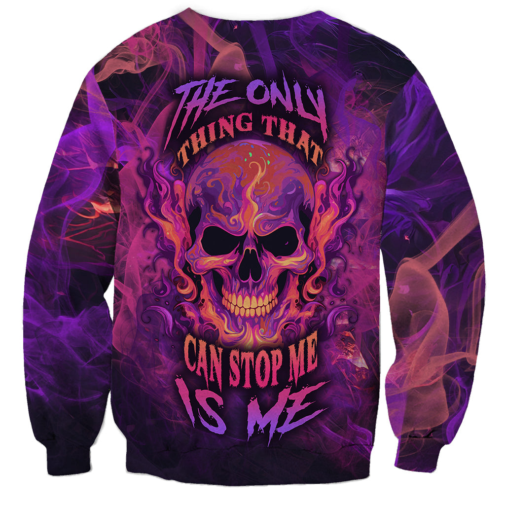 Purple unisex sweatshirt with front fire skull graphic and slogan