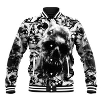 Black-and-white skull baseball jacket with snap-button front and ribbed striped collar