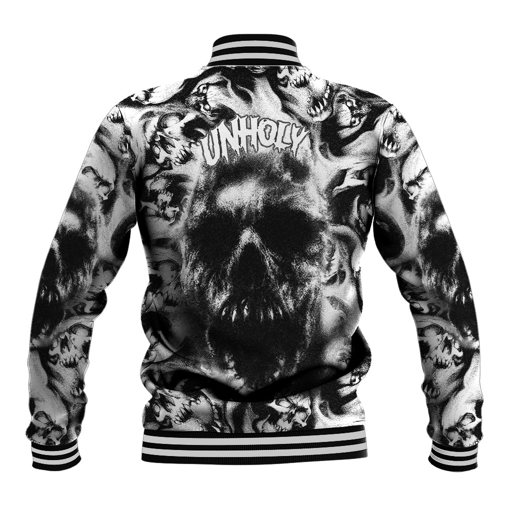 Black-and-white skull baseball jacket with ribbed striped collar, cuffs, and hem