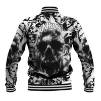 Black-and-white skull baseball jacket with ribbed striped collar, cuffs, and hem
