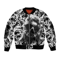 Skull bomber jacket with front zipper, black ribbed trim, and white skull print; red inner lining