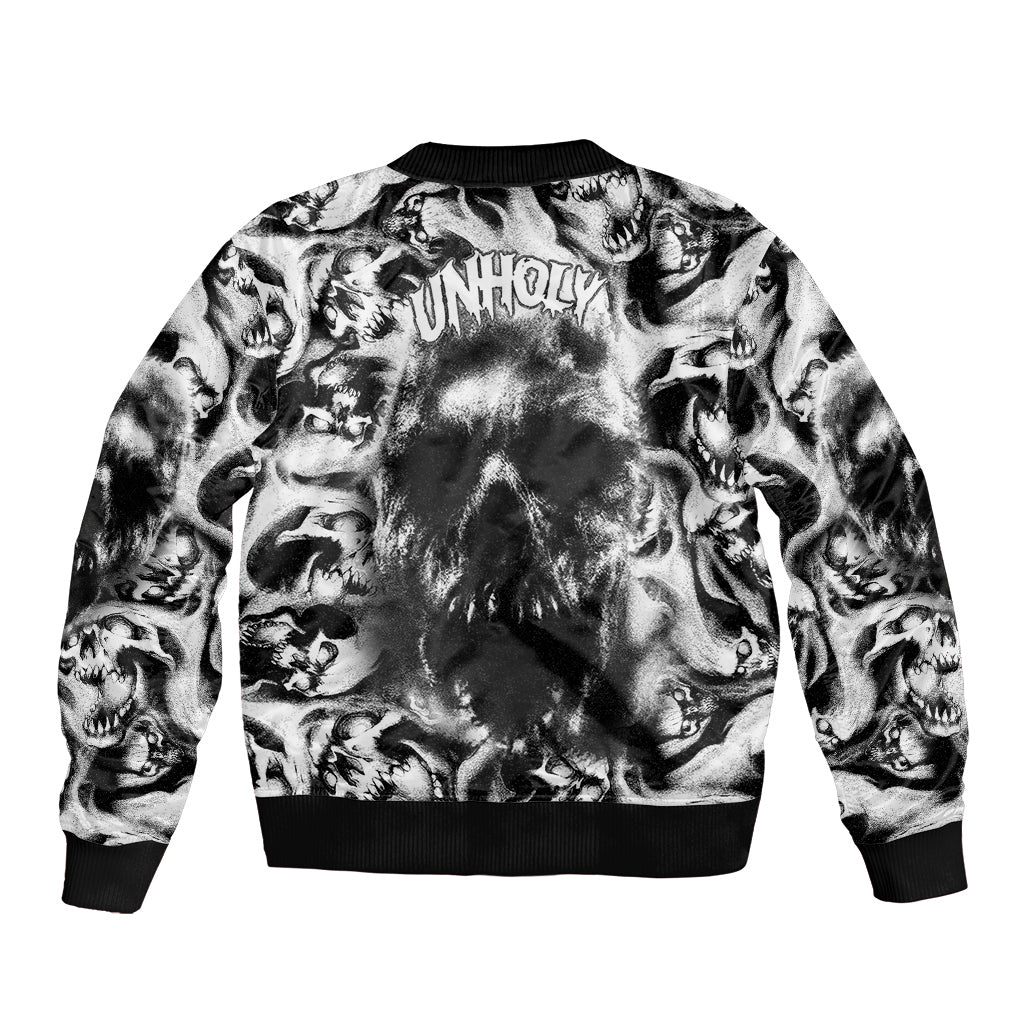 Skull bomber jacket with black ribbed collar, cuffs, and full-back skull graphic in white and dark