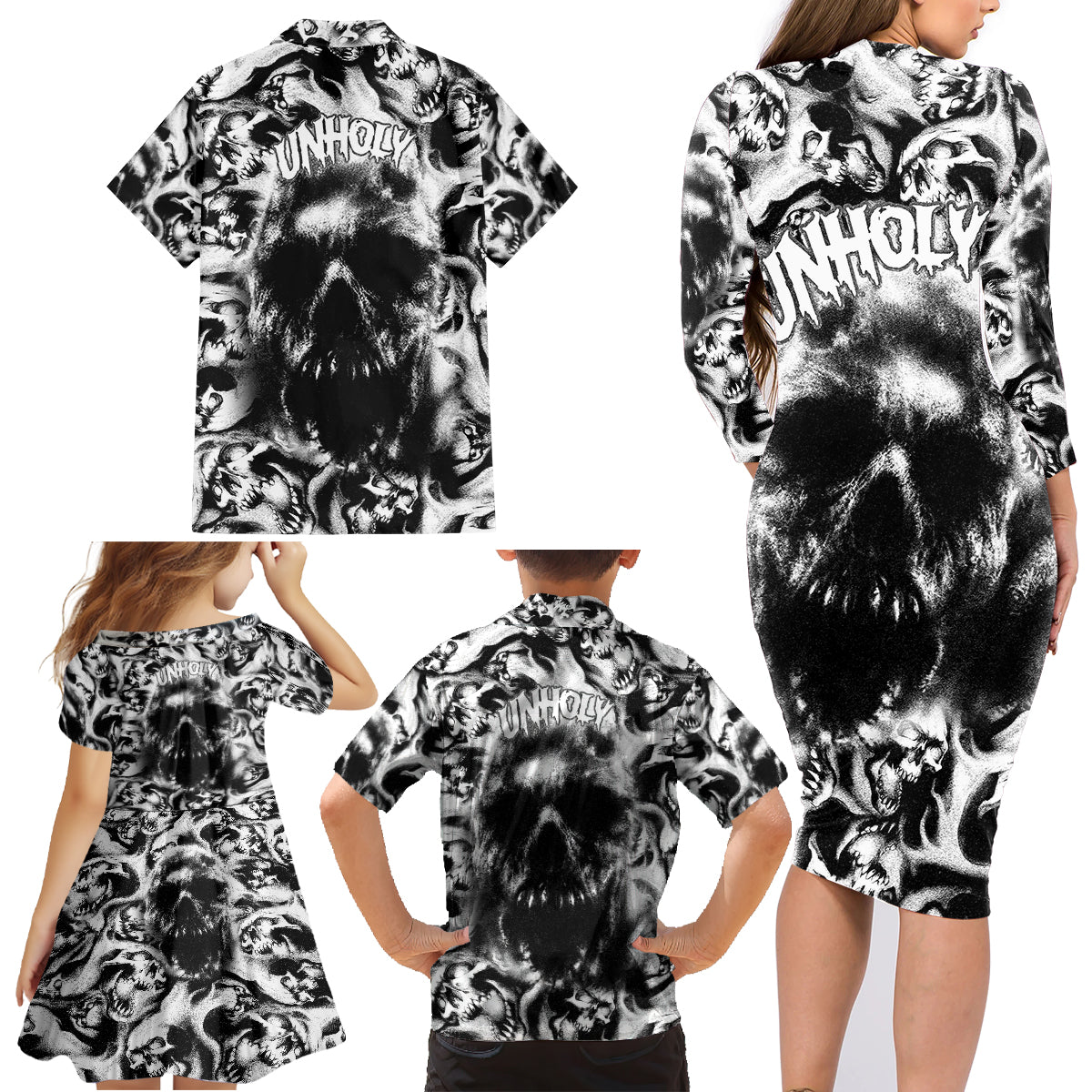 Skull Family Matching Long Sleeve Bodycon Dress and Hawaiian Shirt Inequitable Spirit - Wonder Print Shop