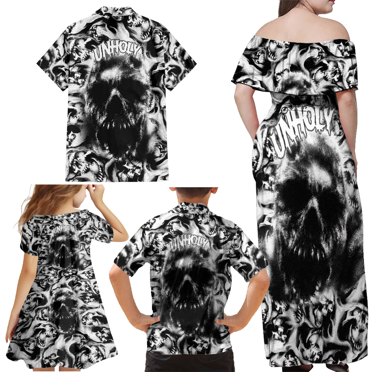 Skull Family Matching Off Shoulder Maxi Dress and Hawaiian Shirt Inequitable Spirit - Wonder Print Shop