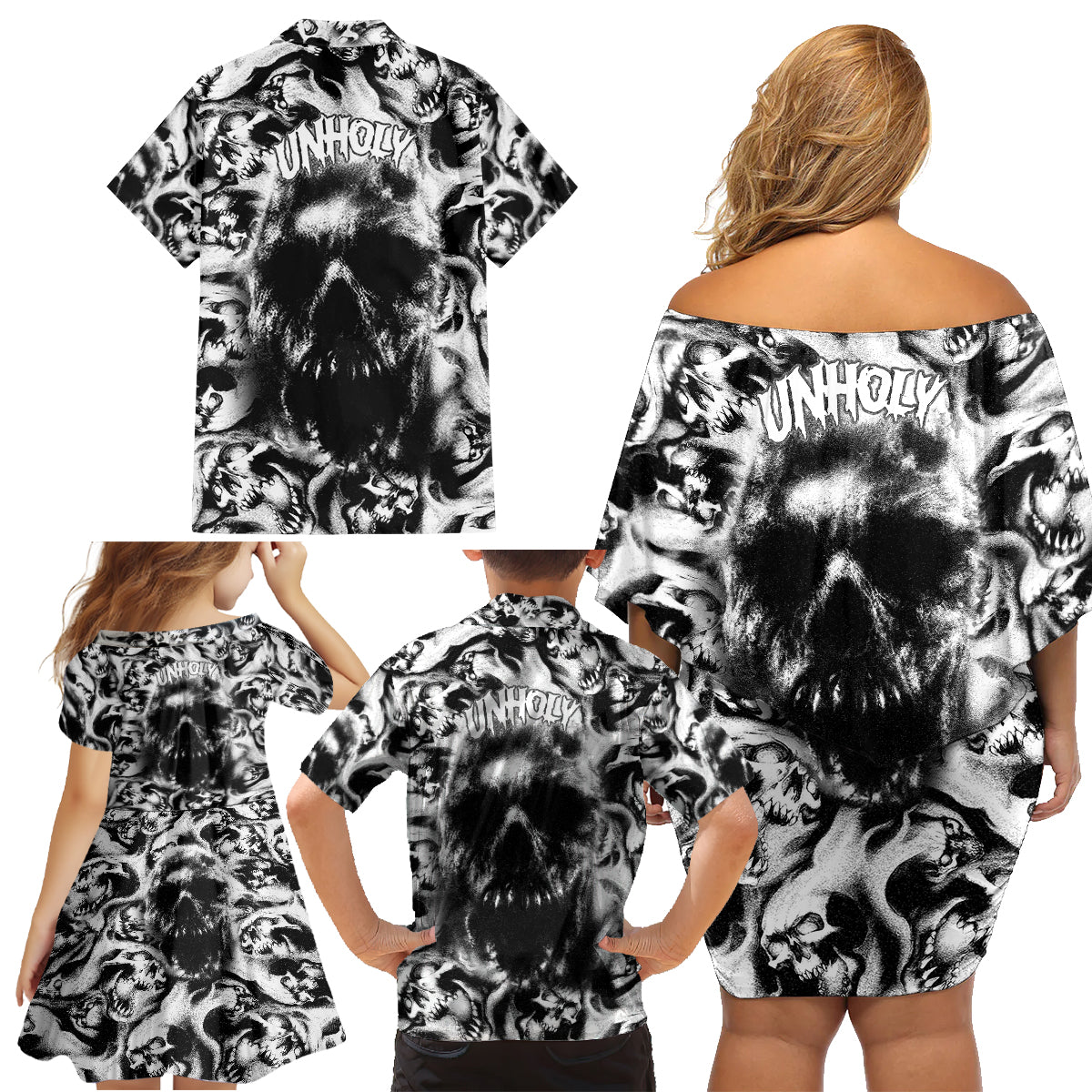 Skull Family Matching Off Shoulder Short Dress and Hawaiian Shirt Inequitable Spirit - Wonder Print Shop