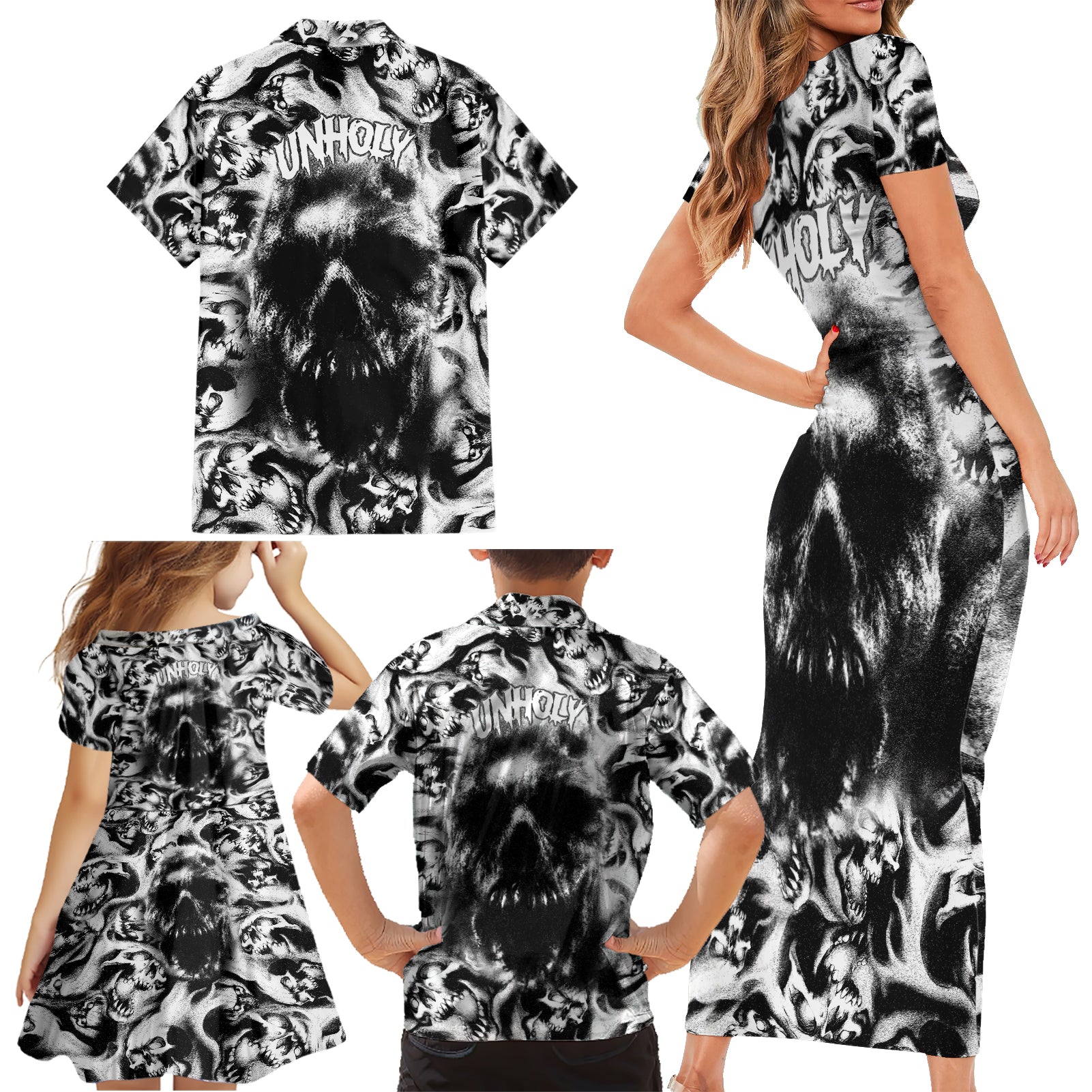 Skull Family Matching Short Sleeve Bodycon Dress and Hawaiian Shirt Inequitable Spirit - Wonder Print Shop