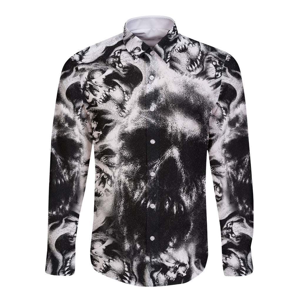Long-sleeve button shirt with black-and-white skull all-over print and visible button placket