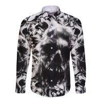 Long-sleeve button shirt with black-and-white skull all-over print and visible button placket