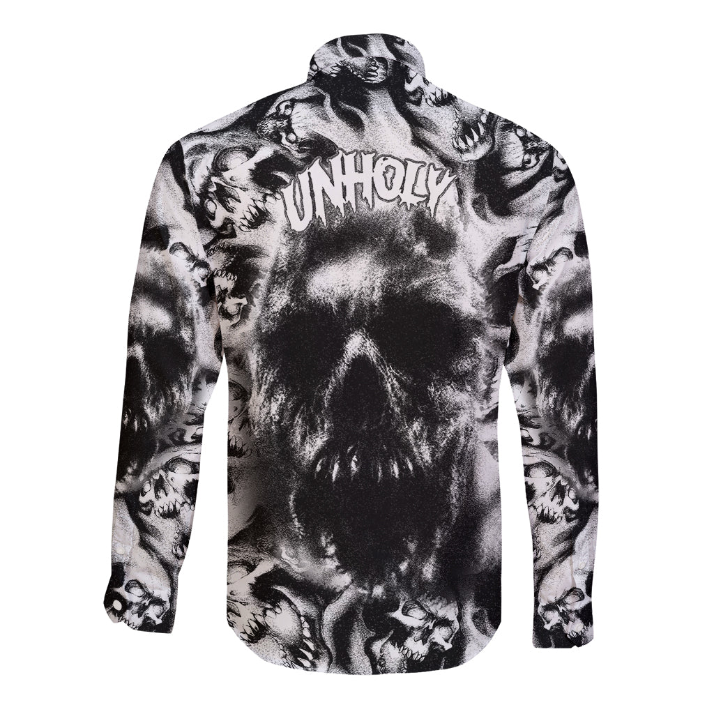 Long-sleeve button shirt with black-and-white skull all-over print, spread collar