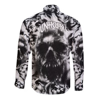 Long-sleeve button shirt with black-and-white skull all-over print, spread collar