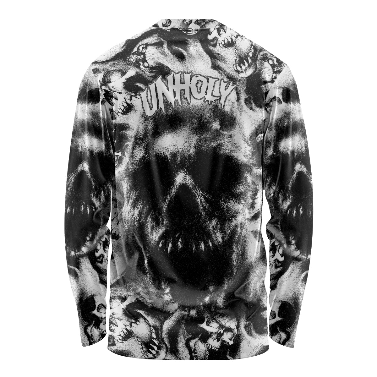 Black long-sleeve crewneck T-shirt with large skull graphic and dark abstract splatter